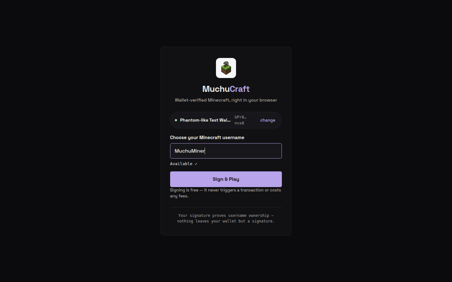 The sign-in screen: wallet connected, username availability checked live