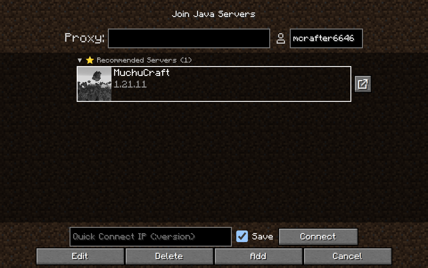 The multiplayer screen with MuchuCraft as the recommended server