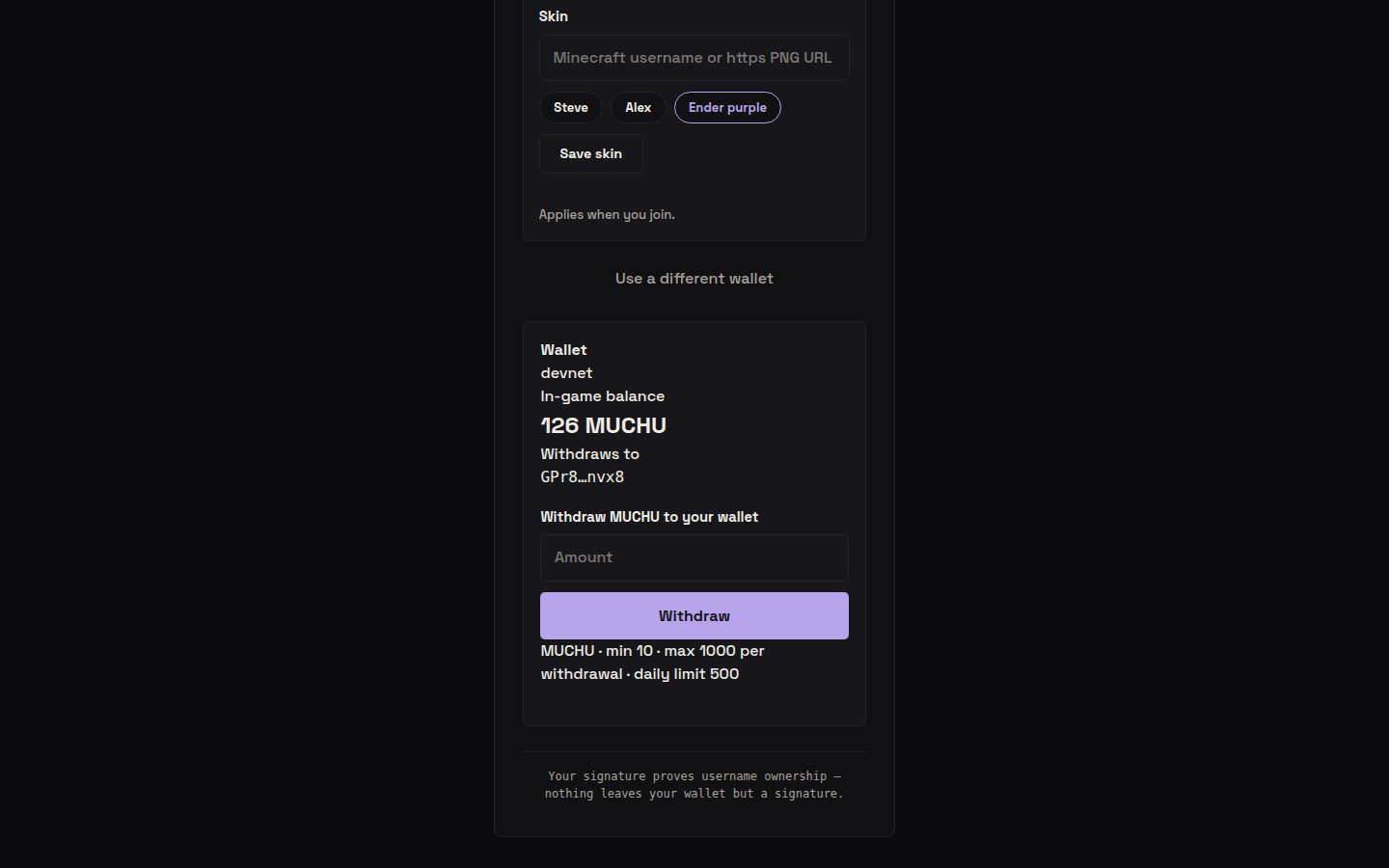 The wallet card: in-game balance, withdraw, deposit, skins